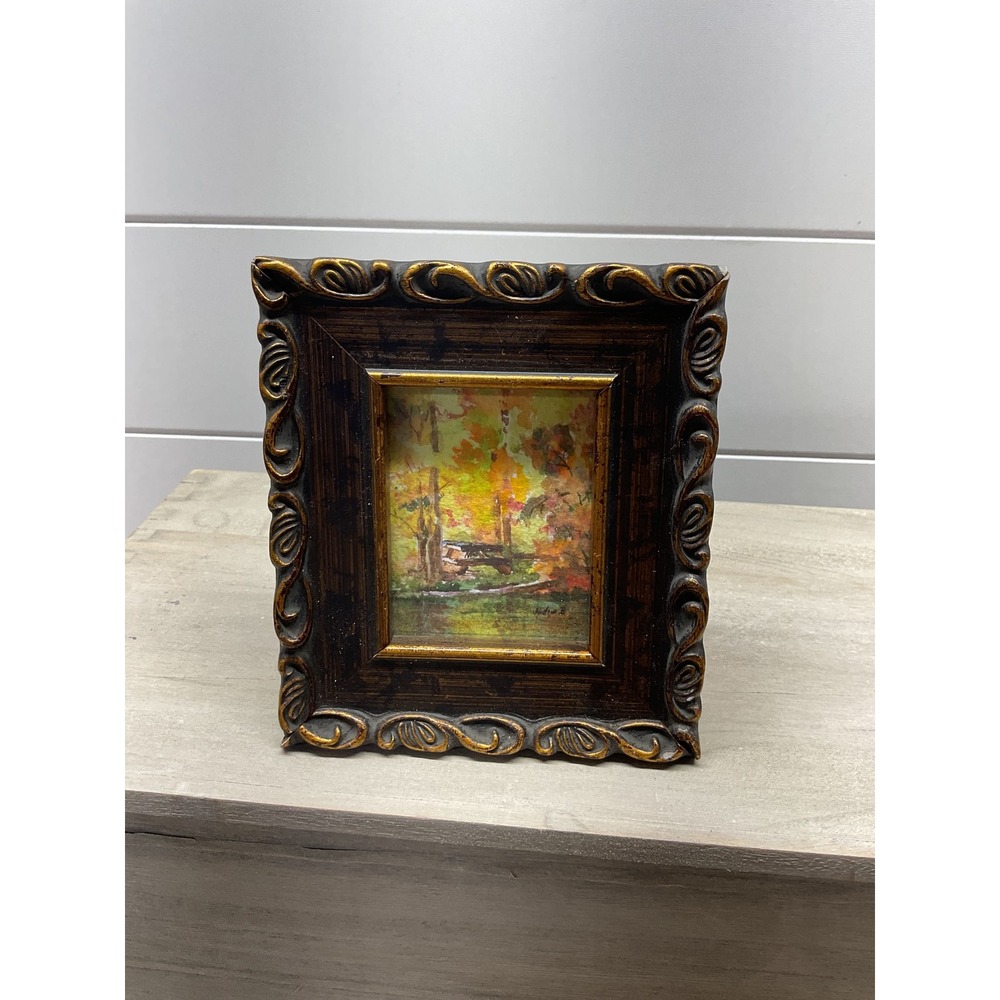 Original Autumn Landscape Watercolor Painting in Ornate Gilded Frame 5x4.5